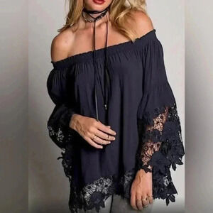 HALO Women’s Black Lace Fringe Sheer Floral Lined Boho 3/4 Sleeve Top Medium